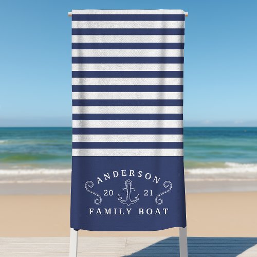 Family Boat Nautical Anchor Personalized Navy Blue Beach Towel