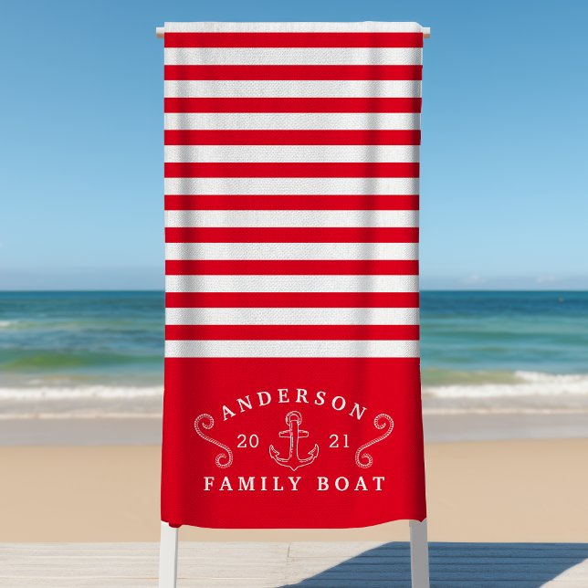 Family Boat Nautical Anchor Personalized Red Beach Towel (Creator Uploaded)