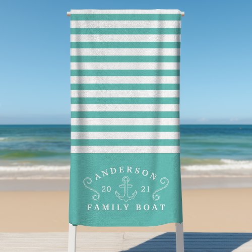 Family Boat Nautical Anchor Personalized Teal Beach Towel