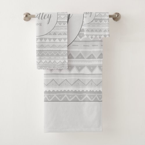 Family Boho Gray Tribal Zigzag Pattern with Name Bath Towel Set