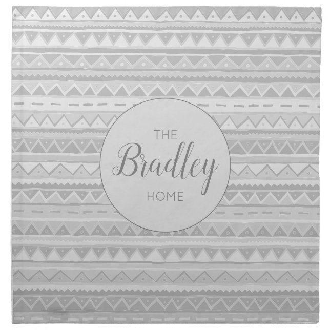Family Boho Gray Tribal Zigzag Pattern with Name Cloth Napkin (Front)