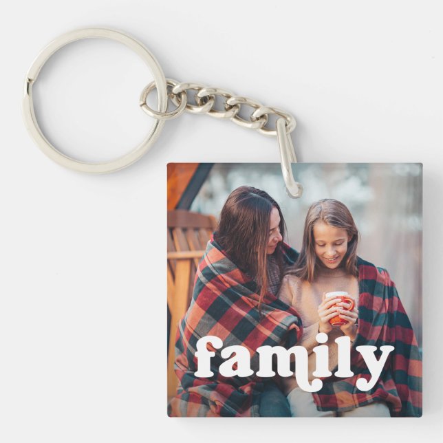 Family | Boho Text Overlay with Two Photos Keychain (Front)