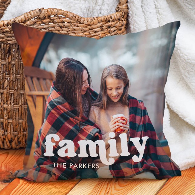 Family | Boho Text Overlay with Two Photos Throw Pillow (Creator Uploaded)