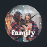 Family | Boho Text Overlay with your Photo Round Clock<br><div class="desc">This simple and stylish clock features your personal photo,  along with the word "family" in boho white modern typography and white dots to represent the hours.</div>