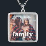 Family | Boho Text Overlay with Your Photo Silver Plated Necklace<br><div class="desc">This simple and stylish necklace features your personal photo,  along with the word "family" in boho white modern typography.</div>
