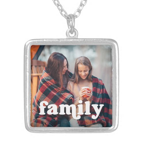 Family  Boho Text Overlay with Your Photo Silver Plated Necklace