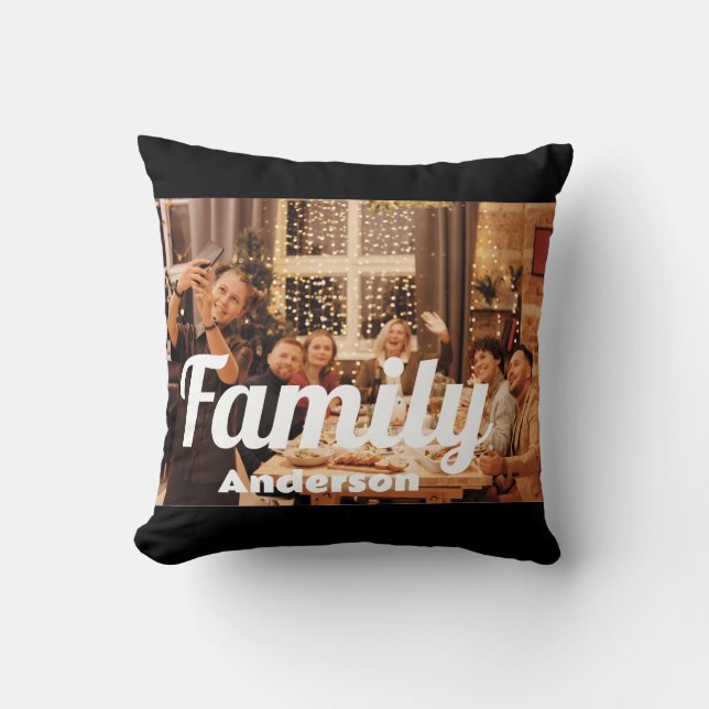 Family | Boho Text with Two Photos Throw Pillow (Front)