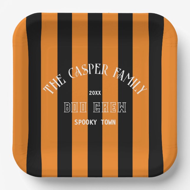 Family Boo Crew Orange Black Stripe Halloween Paper Plates (Front)