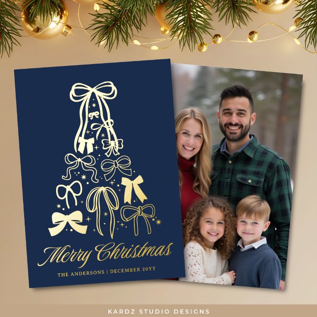 Family Bows Tree Blue Christmas Gold Foil Card (Front and back, real gold foil card shown in 5 x 7 inches.)