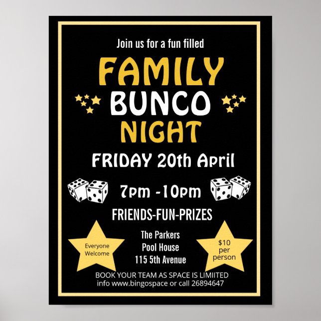 Family bunco night, bunco party PTA event PTO Poster (Front)