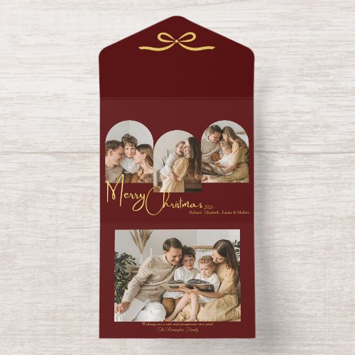 Family Burgundy Gold Elegant Christmas Arch Bow All In One Invitation