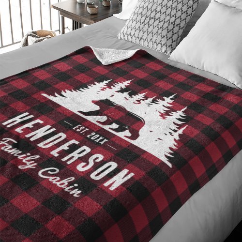 Family Cabin Bear Pine Red Plaid  Fleece Blanket