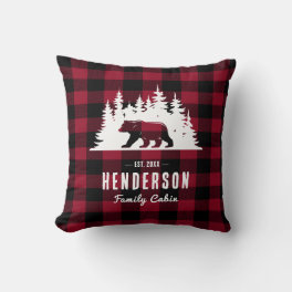 Family Cabin Bear Pine Red Plaid Throw Pillow