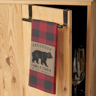 Family Cabin Bear Red Buffalo Plaid Burlap Kitchen Towel