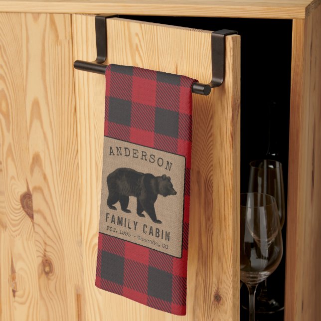 Family Cabin Bear Red Buffalo Plaid Burlap Kitchen Towel (Thirds Fold)