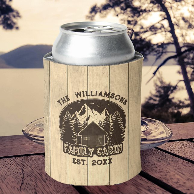 Family Cabin Brown Rustic Forest Wood Custom Name Can Cooler (Creator Uploaded)