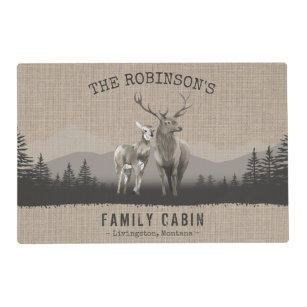 Family Cabin Deer Pine Forest Burlap Laminated Placemat