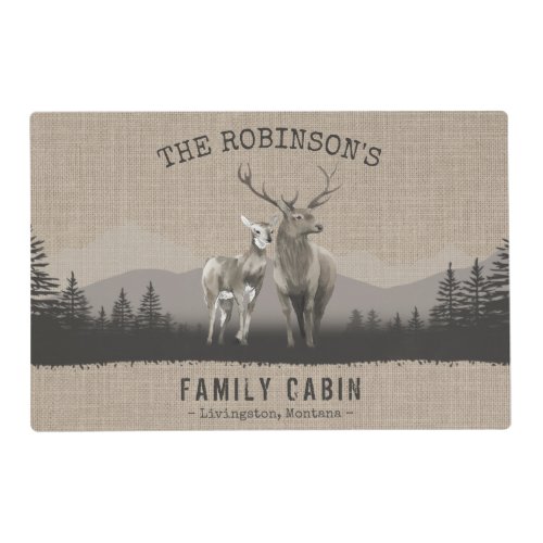 Family Cabin Deer Pine Forest Burlap Laminated Placemat