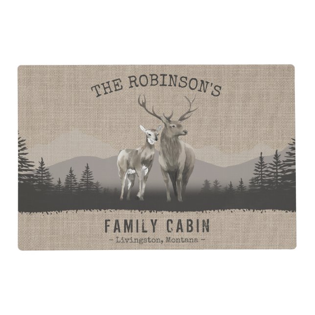 Family Cabin Deer Pine Forest Burlap Laminated Placemat (Front)