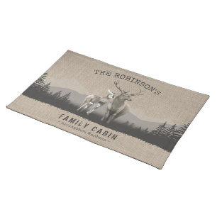 Family Cabin Deer Pine Tree Forest Burlap Print Cloth Placemat