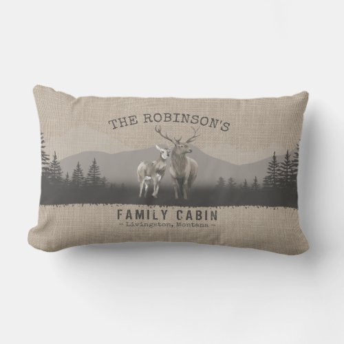 Family Cabin Deer Pine Tree Forest Burlap Style Lumbar Pillow