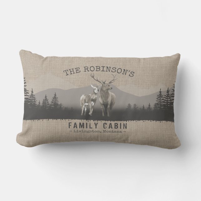 Family Cabin Deer Pine Tree Forest Burlap Style Lumbar Pillow (Front)