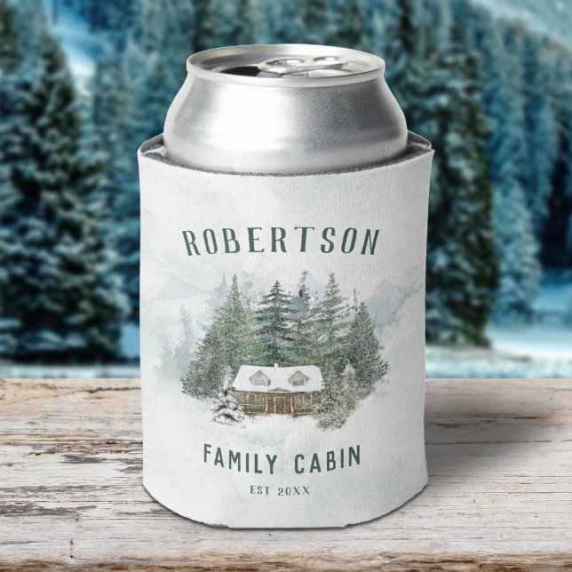 Family Cabin Forest Pine Trees Personalized Can Cooler (Creator Uploaded)