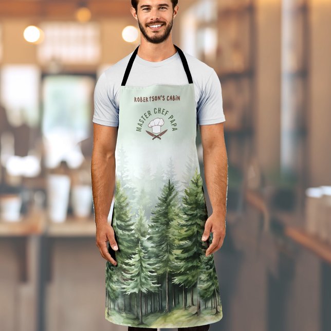 Family Cabin Forest Trees Green Master Chef Name Apron (Family Cabin Pinewood Forest Green Master Chef Apron)