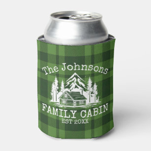 Family Cabin Green Plaid Themed Name Personalized Can Cooler