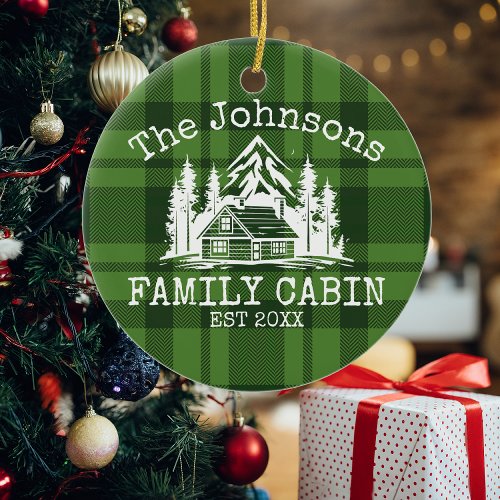 Family Cabin Green Plaid Themed Name Personalized Ceramic Ornament