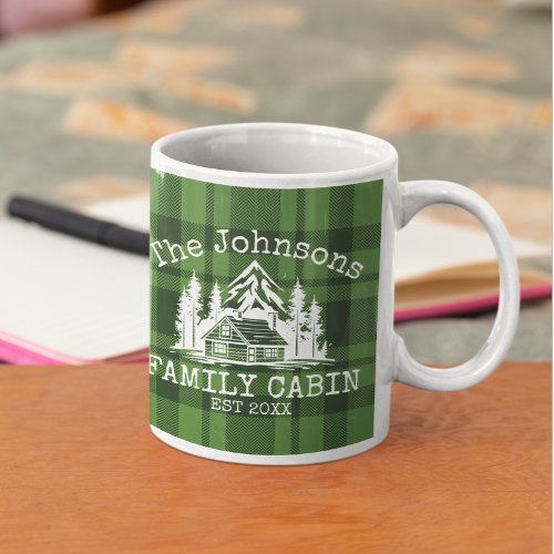 Family Cabin Green Plaid Themed Name Personalized Coffee Mug