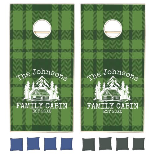 Family Cabin Green Plaid Themed Name Personalized Cornhole Set
