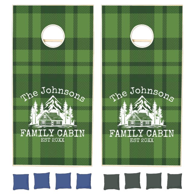 Family Cabin Green Plaid Themed Name Personalized Cornhole Set (Set)