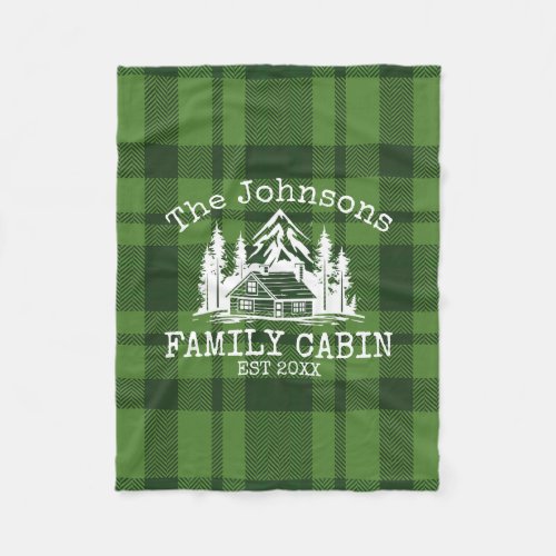 Family Cabin Green Plaid Themed Name Personalized Fleece Blanket