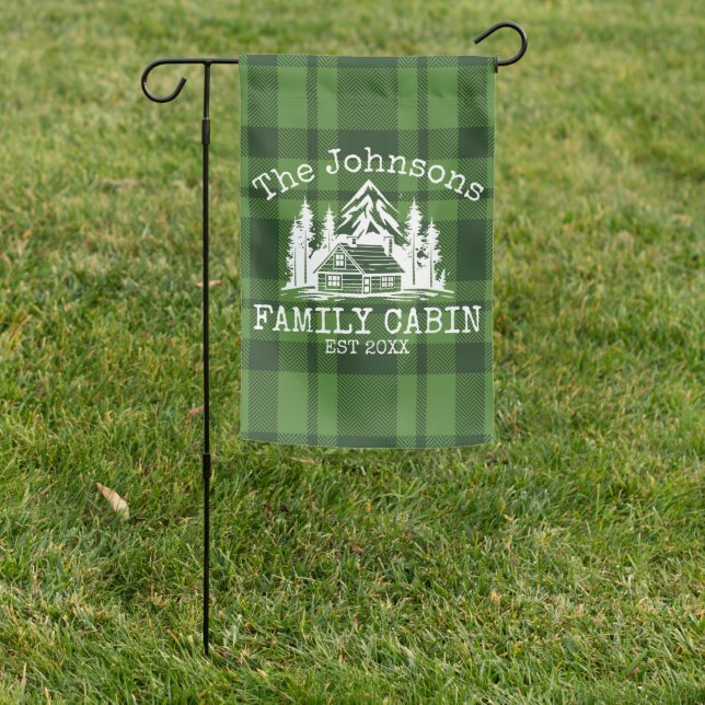 Family Cabin Green Plaid Themed Name Personalized Garden Flag (In SItu)