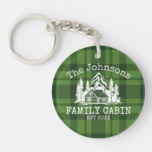 Family Cabin Green Plaid Themed Name Personalized Keychain