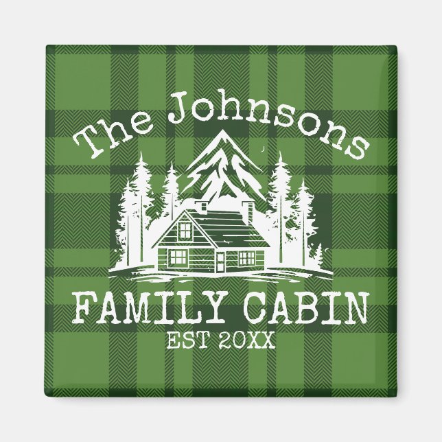 Family Cabin Green Plaid Themed Name Personalized Magnet (Front)