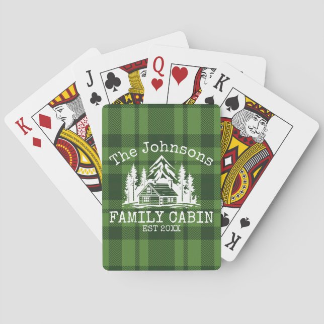 Family Cabin Green Plaid Themed Name Personalized Poker Cards (Back)
