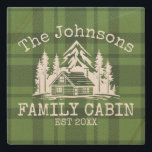 Family Cabin Green Plaid Themed Name Personalized Stone Coaster<br><div class="desc">Ideal for family gatherings, reunions, or your mountain retreat, this product is designed with a charming green plaid background. It showcases a beautifully designed mountain scene with cabin surrounded by trees, personalized with your family name, the year established, and any additional details you prefer. An excellent choice for a thoughtful...</div>