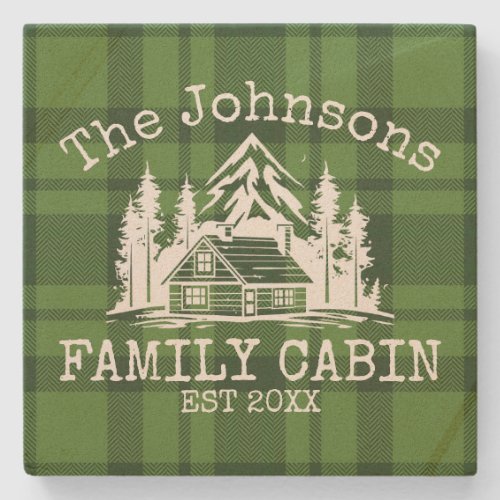 Family Cabin Green Plaid Themed Name Personalized Stone Coaster
