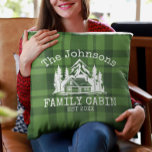 Family Cabin Green Plaid Themed Name Personalized Throw Pillow<br><div class="desc">Ideal for family gatherings, reunions, or your mountain retreat, this product is designed with a charming green plaid background. It showcases a beautifully designed mountain scene with cabin surrounded by trees, personalized with your family name, the year established, and any additional details you prefer. An excellent choice for a thoughtful...</div>