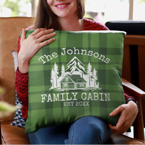 Family Cabin Green Plaid Themed Name Personalized Throw Pillow