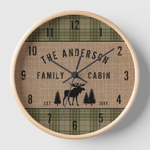 Family Cabin Moose Pine Green Plaid Burlap Clock