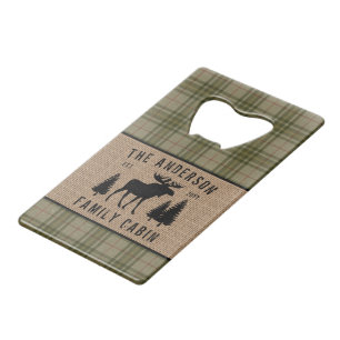 Family Cabin Moose Pine Trees Green Plaid Burlap Credit Card Bottle Opener