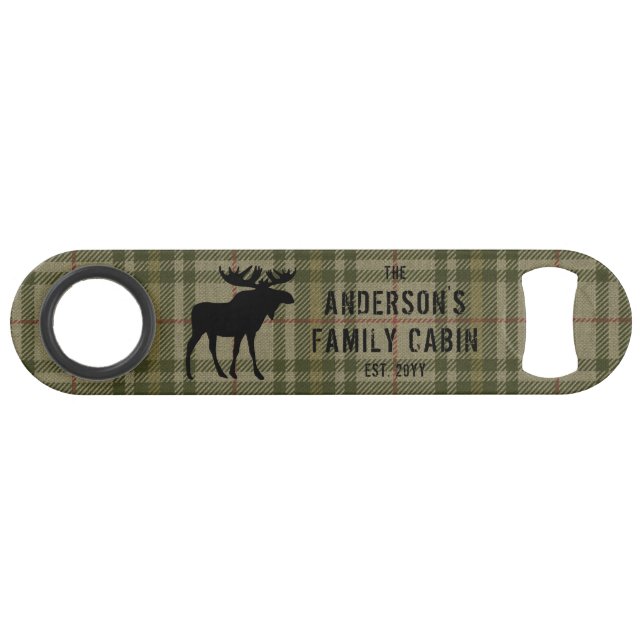 Family Cabin Moose Pine Trees Sage Green Plaid Bar Key (Front (Horizontal))