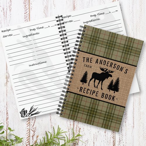 Family Cabin Moose Trees Plaid Burlap Mini Recipe Notebook