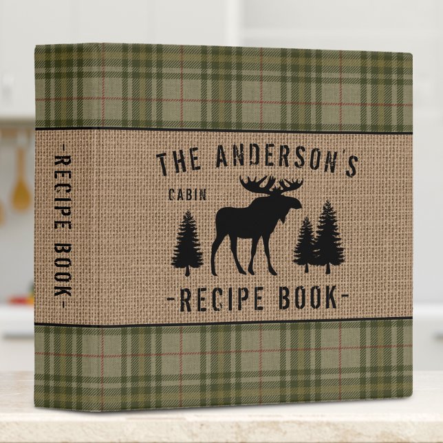 Family Cabin Moose Trees Plaid Burlap Recipe 3 Ring Binder (Creator Uploaded)