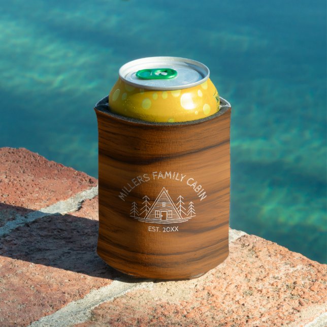 Family Cabin Name Brown Wood Texture Can Cooler (In Situ Pool)