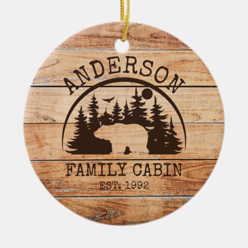  Family Cabin Name Personalized Rustic wooden Ceramic Ornament