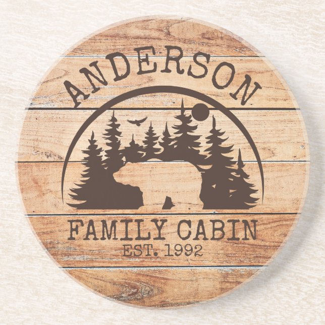 Family Cabin Name Personalized Rustic wooden Coaster (Front)